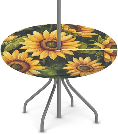 Sunflower Outdoor Round Fitted Tablecloth with Umbrella Hole and Zipper, 36"-44" Elastic Patio Table Cloth Oil-Proof Waterproof Patio Table Cover for Picnic Party Camping