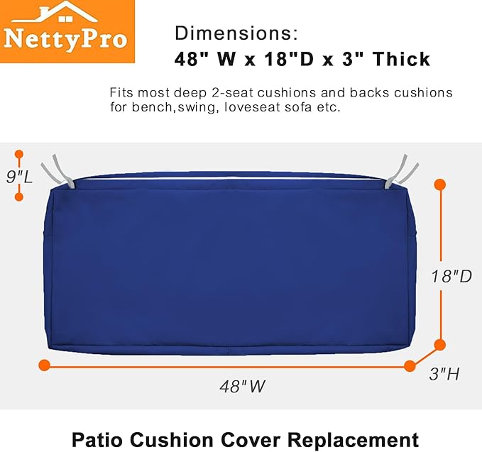 NettyPro Patio Bench Swing Loveseat Cushion Covers, Water Resistant UV Protection Outdoor Furniture Cushion Slipcovers with Zipper, Navy, 48 x 18 x 3 Inch