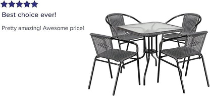 Flash Furniture 5-Piece 28" Square Indoor/Outdoor Patio Table and Chairs Set, Glass Metal Bistro Table and 4 Stacking Rattan Chairs, Gray
