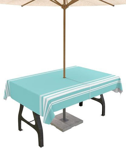 QueenKer Outdoor Tablecloth with Umbrella Hole, Farmhouse Teal White Stripe Rectangle Tables Waterproof Tabletop Collection for Patio, Garden, Picnic, Camping, Dining 60 x 102 inch