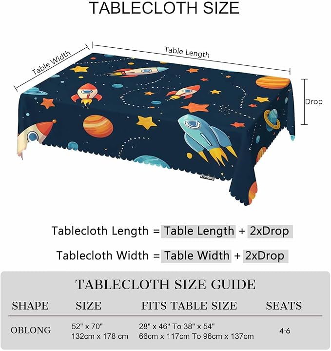 Table Cloth Galaxy Space, Cute Spacecraft Planet Solar System Farmhouse Tablecloth Soft Table Cover for Kitchen Dinning Tabletop Decoration, 52x70 Inch Fitted Tablecloth