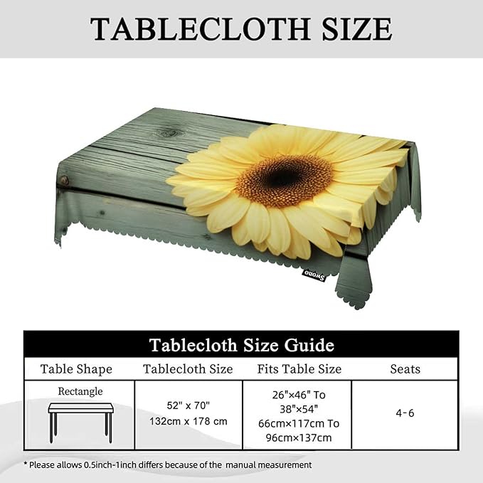 Swono Sunflower Table Cloth Yellow Sunflowers Old Wood Board Rectangle Tablecloth Picnic Table Cover BBQ Table Cloths Polyester for Kitchen Home Coffee Restaurant 50x72 Inch
