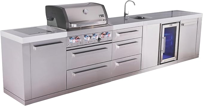 Mont Alpi 145"W x 23"D x 46"H Premium Stainless Steel Outdoor Kitchen Island with Refrigerator + Faucet and Sink Combo + 32"W 4-Burner BBQ Gas Grill + Granite Countertops + Storage Drawers + Cabinets