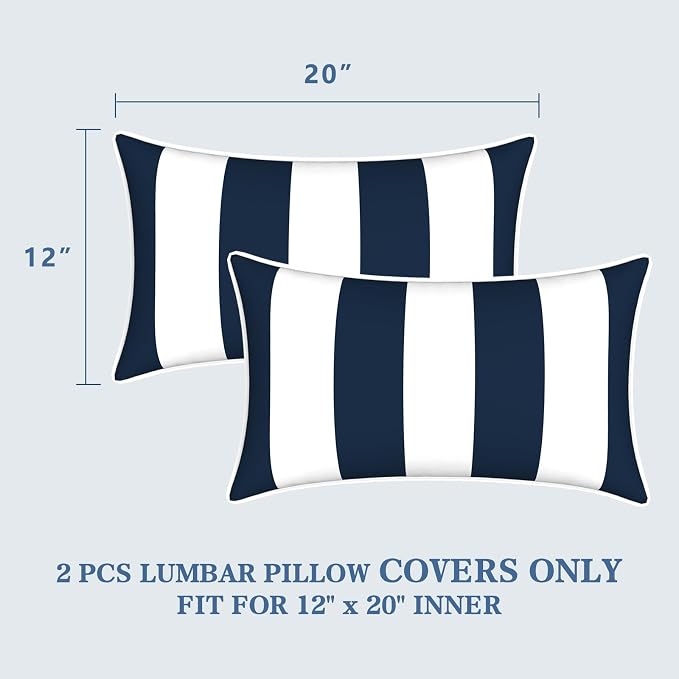 LVTXIII 2 Pack Outdoor Lumbar Pillow Covers 12x20 Inch with Piping, Water-Repellent Back Cushion Covers ONLY for Patio Furniture, Sofa, Garden Bench, Cabana Navy