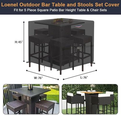 Outdoor Waterproof Dining Table Bar Set Cover, 76"L x 76"W x 45"H | Patio Table Cover Patio Bar Set Covers for 5-Piece Tall Square Bistro Tables & Chairs Set with Handle, Drawstring, Buckle