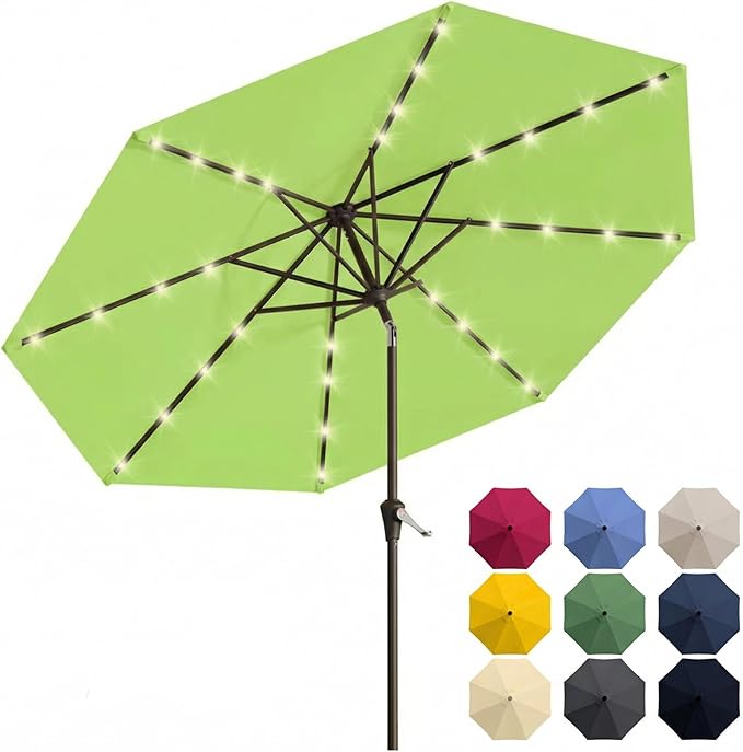 10FT Solar Patio Umbrella with Lights, Outdoor Table Market Umbrella with 32 LED Lights, 8 Sturdy Ribs, Push Button Tilt and Crank for Pool, Deck and Garden, UV-Resistant