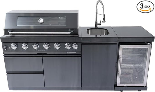 BBQ Island Outdoor Kitchen Kits 6-Burner 85000 BTU Stainless Steel Modular 82 Inch Propane Gas Outdoor Kitchen Bar Barbecue Island Grill with Refrigerator and Sink for Patio Backyard