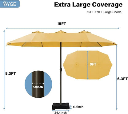 Ayge 15FT Patio Umbrella with Base,Large Outdoor Double-Sided Rectangle Umbrella with Crank Handle, Market Umbrella for Poolside Garden Deck Backyard Beach Pools,Yellow