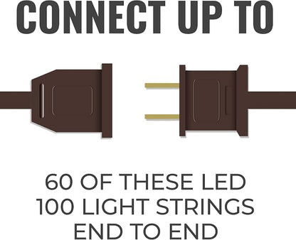 612 Vermont 100 LED Clear Christmas String Lights, Brown Wire Cord | Flicker-Free LED Technology, Warm-White, UL Approved Indoor Outdoor Use, 24.75 Foot Lighted Length, 25.4 Foot Total Length