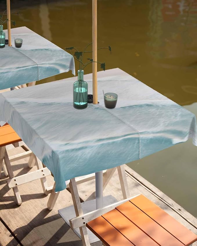 Summer Beach Outdoor Tablecloth - 54x54 Inch Square Dining Table Cover, Coastal Ocean Nautical Seaside Aqua Beige Waterproof Outdoor Table Cloth with Umbrella Hole & Zipper for Picnic/Patio/Party