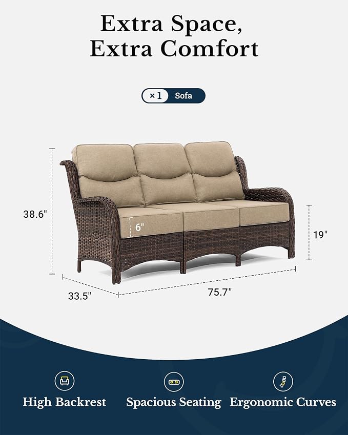 HILLGA Luxury Outdoor Furniture High Back Patio Sofa, Oversized 3-Seater Couch with 6'' Thick Cushions, Ideal for Porch, Poolside, Deck, and Yard (Beige)