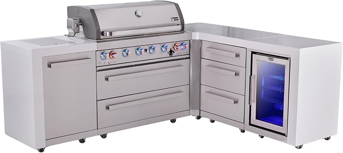 Mont Alpi Deluxe 94"W x 75"D Stainless Steel L-shaped Outdoor Kitchen Island with Refrigerator + 44"W 6-Burner BBQ Grill + Side Burner + Granite Countertops + Storage Cabinets + Rotisserie Kit + Cover