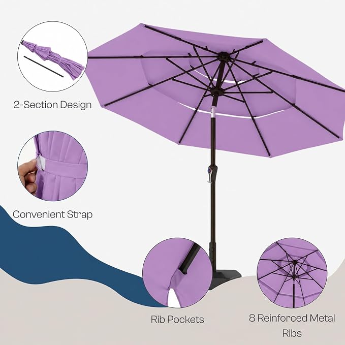 10ft 3 Tier Patio Umbrella, Outdoor Market Table Umbrella with UPF 50+ Vented Canopy, 8 Sturdy Ribs, Easy Push Button Tilt and Crank, Windproof for Deck, Pool, Backyard and Garden