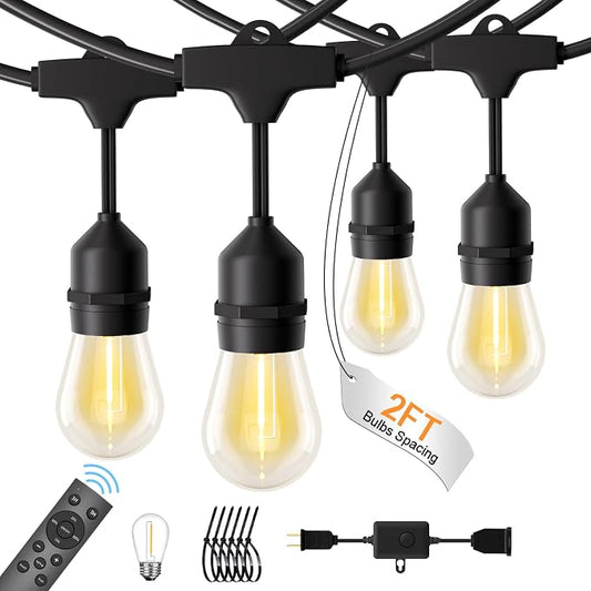 24FT String Lights for Outside, Remote & Waterproof, Connectable | 2FT Spacing, Heavy Duty Commercial Grade, 18 AWG Cord, 12+1 Shatterproof Bulbs, IP65, Timer & Dimmable, Plug-in, Backyard