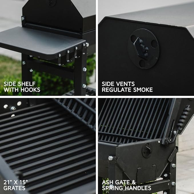 Ash & Ember 390 Sq. In Patio Cart Charcoal Grill with Cover, Side Shelf and Tool Hooks for BBQ Cooking Prep & Accessories, Mobile Heavy-Duty Park-Style Outdoor Grills & Smokers