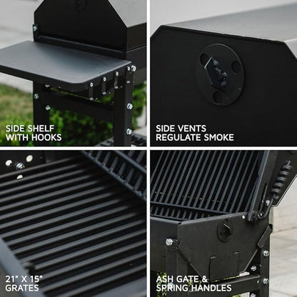 Ash & Ember 390 Sq. In Patio Cart Charcoal Grill with Cover, Side Shelf and Tool Hooks for BBQ Cooking Prep & Accessories, Mobile Heavy-Duty Park-Style Outdoor Grills & Smokers