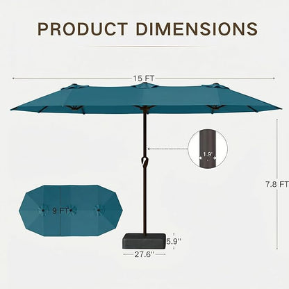 Kingdura 15ft Large Patio Umbrella with Base Included, Double-Sided Rectangle Outdoor Table Umbrella with 12 Reinforced Ribs, Crank Lift for Market Pool Deck Backyard, Lake blue