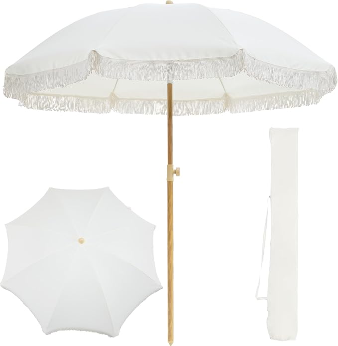 7FT Boho Patio Umberlla with Fringe,UPF50+ Outdoor Umbrella with Fiberglass Ribs and Push Button Tilt,Tassels Umbrella for Beach,Terrace,Picnic