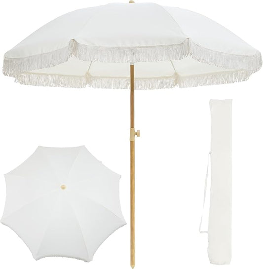 7FT Boho Patio Umberlla with Fringe,UPF50+ Outdoor Umbrella with Fiberglass Ribs and Push Button Tilt,Tassels Umbrella for Beach,Terrace,Picnic