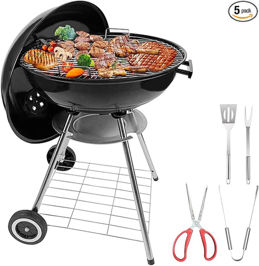 Portable charcoal grill -22 inch water kettle grill with handle, including lid and grill mesh, paired with barbecue tools, suitable for backyard, camping, picnicking, and gatherings (large)