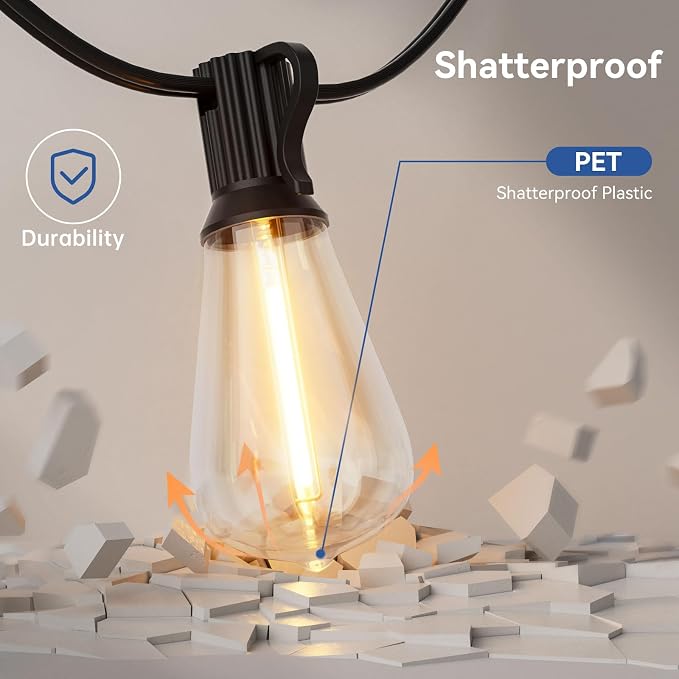YOYONACY 100 FT Outdoor String Lights for Outside, IP65 Waterproof ST38 LED Shatterproof Bulbs, Dimmable & Timable, 3 Light Modes, Hanging Patio Edison Lights for Porch Backyard Cafe Bistro