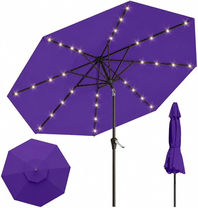10FT Solar Lighted Patio Umbrella, Outdoor Table Market Umbrellas with Push Button Tilt and Crank, 32 LED Lights, 8 Sturdy Ribs, UV-Resistant for Deck, Garden, Pool
