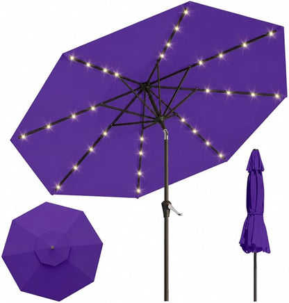 10FT Solar Lighted Patio Umbrella, Outdoor Table Market Umbrellas with Push Button Tilt and Crank, 32 LED Lights, 8 Sturdy Ribs, UV-Resistant for Deck, Garden, Pool