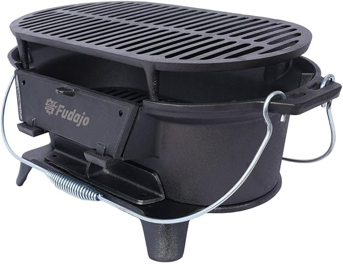 Tabletop Charcoal Grill & Cast Iron Hibachi with Flat-Top Griddle — Portable Outdoor BBQ for Camping, Tailgating & Picnics, Enamel-Coated, Built-in Vent, Carry Handles, 19.6" x 10.6" x 8.2", Black