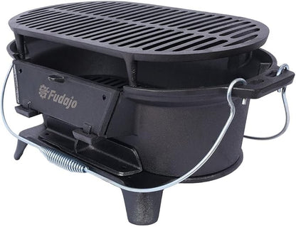 Tabletop Charcoal Grill & Cast Iron Hibachi with Flat-Top Griddle — Portable Outdoor BBQ for Camping, Tailgating & Picnics, Enamel-Coated, Built-in Vent, Carry Handles, 19.6" x 10.6" x 8.2", Black