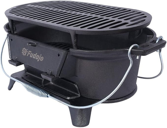 Tabletop Charcoal Grill & Cast Iron Hibachi with Flat-Top Griddle — Portable Outdoor BBQ for Camping, Tailgating & Picnics, Enamel-Coated, Built-in Vent, Carry Handles, 19.6" x 10.6" x 8.2", Black