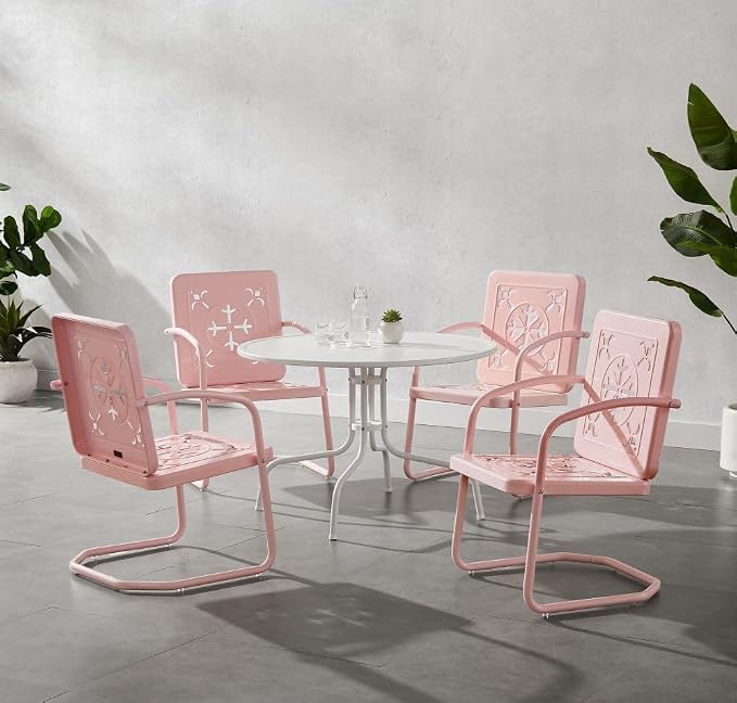 Crosley Furniture Azalea 5-Piece Vintage Outdoor Dining Set for 4, Retro Metal Round Patio Table and Chairs, Pastel Pink Gloss/White Satin