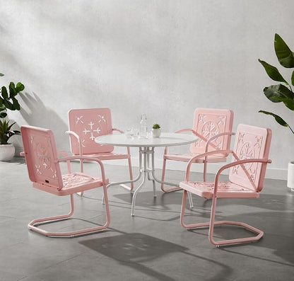 Crosley Furniture Azalea 5-Piece Vintage Outdoor Dining Set for 4, Retro Metal Round Patio Table and Chairs, Pastel Pink Gloss/White Satin