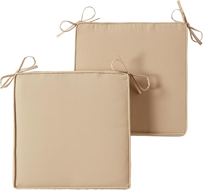 Outdoor 18 inch Square Patio Dining Chair Pads – Comfortable Fiber-Filled Seat Cushions with Ties, Reversible Polyester Fabric - Stone, Set of 2