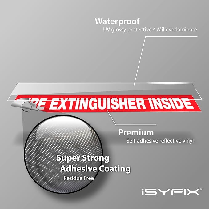 iSYFIX Fire Extinguisher Inside Sticker Sign – 10 Pack 9x1.7 Inch – Self-Adhesive Reflective Vinyl Decals, Laminated UV, Weather, Scratch, Fade Resistance, for Cars, Trucks, Trailers & Vehicles