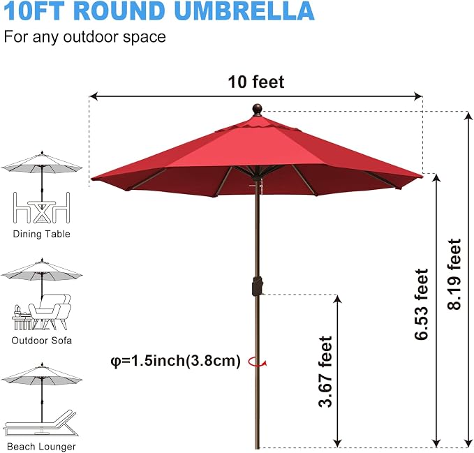 Eurmax USA 10-Year-Non-Fading 10FT Outdoor Patio Market Umbrella,UPF50+ UV Resistant Sun Shade,Heavy Duty Commercial Grade,Crank Lift Design,Windproof Vented Top for Garden,Pool,Deck,Logo Red