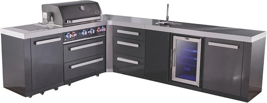 Mont Alpi L-shaped 82"W x 113"D Black Stainless Steel Outdoor Kitchen Island with Fridge + Faucet & Sink + 32"W 4-Burner BBQ Grill + Granite Countertops + Storage + Chopping Board + Rotisserie + Cover