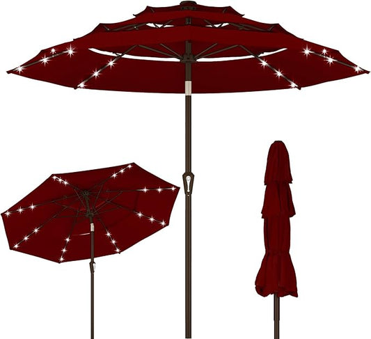 Kingdura 9ft 3-Tier Patio Umbrella with Solar Lights, Table Umbrella Outdoor Patio with Easy Crank & Tilt, 8 Sturdy Ribs, UV Protection, 32 LED Lights for Deck, Poolside, Market (Dark red)