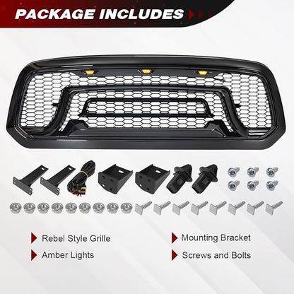 Glossy Black Front Grille Compatible with 2013-2018 Dodge Ram 1500, 2019-2023 Ram 1500 Classic, with Amber Lights (NO "RAM" LETTER)