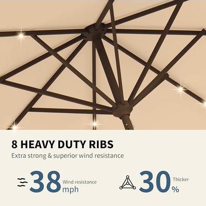 9FT Patio Umbrella with Solar Lights,Outdoor Market Umbrella with Tilt and Crank, LED Lighted Table Umbrella for Garden,Deck,Backyard,Pool,Beach (Khaki)