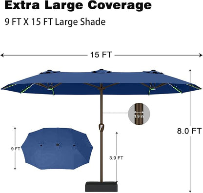 AreShark 15FT Large Rectangular Patio Umbrella with Solar Lights, Deep Navy | Rectangle Lighted Outdoor Umbrella with Crank, Double-Sided Market Umbrella with Base for Porch, Lawn, Pool, Backyard