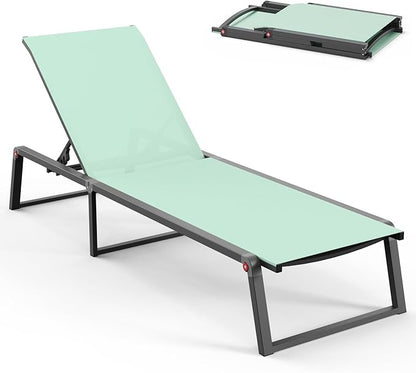 Aluminum Chaise Lounge Chair Outdoor, Foldable& No Assembly Patio Pool Lounge Chairs 5-Position Recliner for Outside, Fully Grounded Legs Sun Lounger for Poolside, Light Green