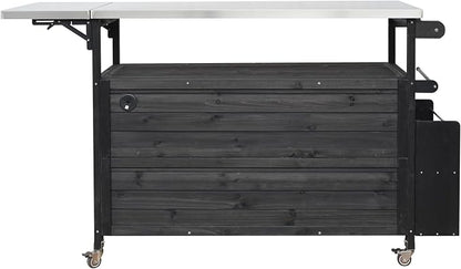 JIVOIT Outdoor Fir Wood Kitchen Island with Foldable Stainless Steel Top, Patio Mobile Kitchen Cart Portable Outdoor Cooking Island with Lockable Wheels, Storage Cabinet and Towel Rack (Black/124)