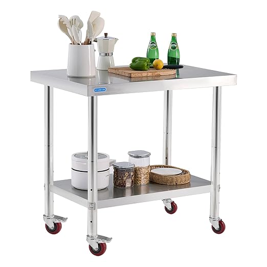 KUARBARR Stainless Steel Table for Prep & Work with 4 Caster Wheels with Undershelf 24 x 36 NSF Metal Commercial Kitchen Adjustable Undershelf Worktable for Restaurant Home Outdoor