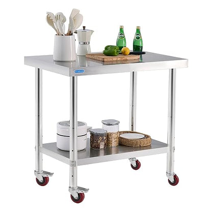 KUARBARR Stainless Steel Table for Prep & Work with 4 Caster Wheels with Undershelf 24 x 36 NSF Metal Commercial Kitchen Adjustable Undershelf Worktable for Restaurant Home Outdoor