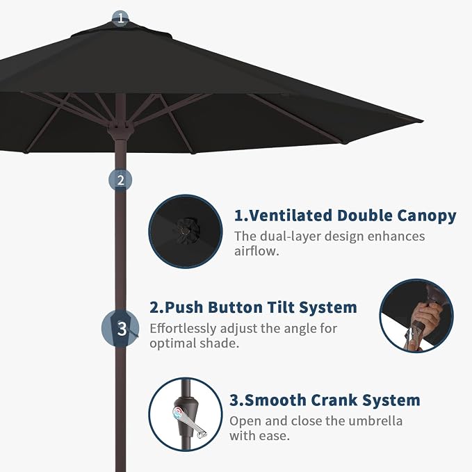 9FT Patio Umbrella Outdoor Table Umbrella w/Push Button Tilt and Crank, 8 Sturdy Ribs, UV Resistant Waterproof Market Umbrella for Pool, Deck, Backyard, Garden, Black
