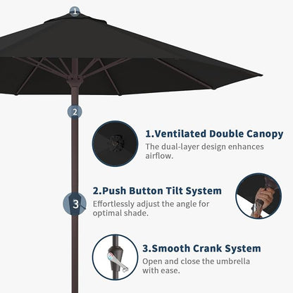 9FT Patio Umbrella Outdoor Table Umbrella w/Push Button Tilt and Crank, 8 Sturdy Ribs, UV Resistant Waterproof Market Umbrella for Pool, Deck, Backyard, Garden, Black