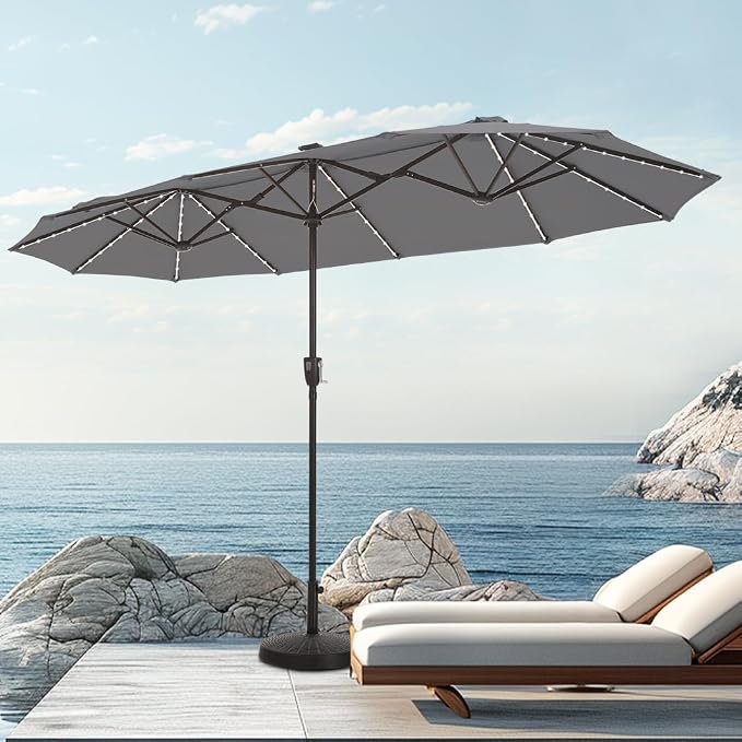 PHI VILLA 13ft Patio Umbrella w/ 120 PCS Color Changing Solar Lights, Grey | Outdoor Triple-Head Large Rectangle/Rectangular Solar-powered Market Table Umbrellas, w/ Crank Lift, for Poolside(No base)