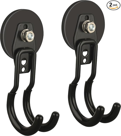 ULIBERMAGNET New Upgraded Garage Magnetic Hooks, 2 Pack Black Heavy Duty Large J Hooks with Magnet, Black Strong Anti-Slip Coating Magnet Hooks for Garden Tools, Ropes,Drill,Metal Cabinet,Pegboard