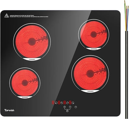 TOPWISH 24 Inch Electric Cooktop, 4 Burners Built-in Electric Stove Top Hot Plate, 6000W Drop-in Ceramic Cooktop Kitchen Stoves with Touch Control, Safety Lock, Timer, 220-240v (Hard Wired No Plug)