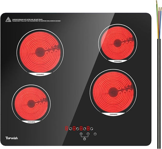 TOPWISH 24 Inch Electric Cooktop, 4 Burners Built-in Electric Stove Top Hot Plate, 6000W Drop-in Ceramic Cooktop Kitchen Stoves with Touch Control, Safety Lock, Timer, 220-240v (Hard Wired No Plug)